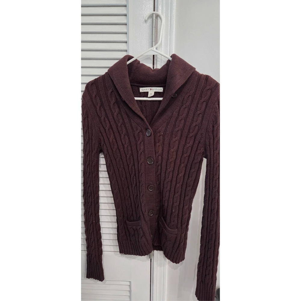 Vintage Tommy Hilfiger Women's Brown Cable Knit Cardigan Shawl Collar Small